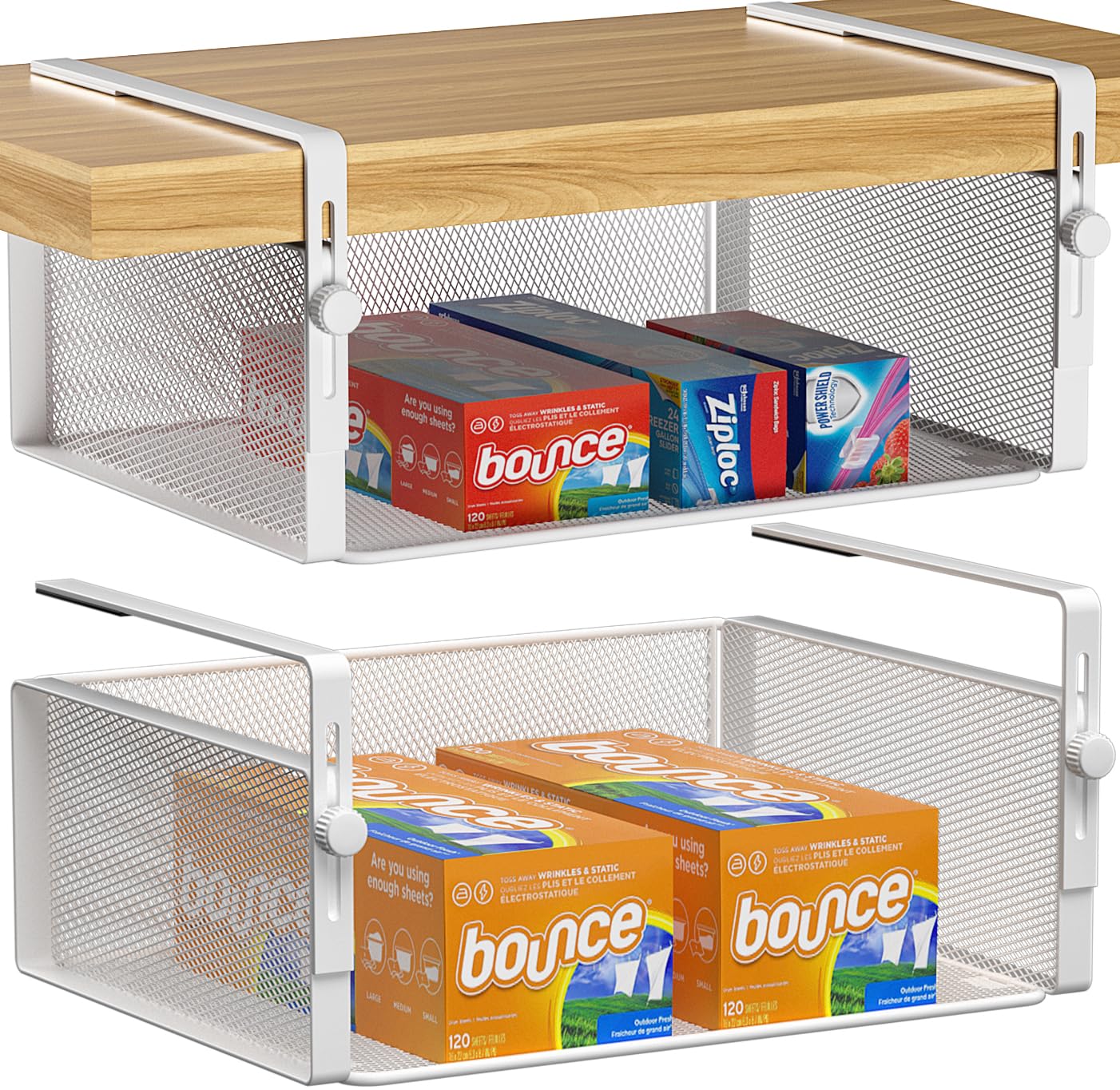 AmonHouseware 2Pack Under Shelf Basket OrganizerAdjustable Hanging Holder for Cabinet Pantry Kitchen Cupboard Desk Counter Bookshelf Organization Add-on Space Saver Heavy Duty Slide-in (White Large)