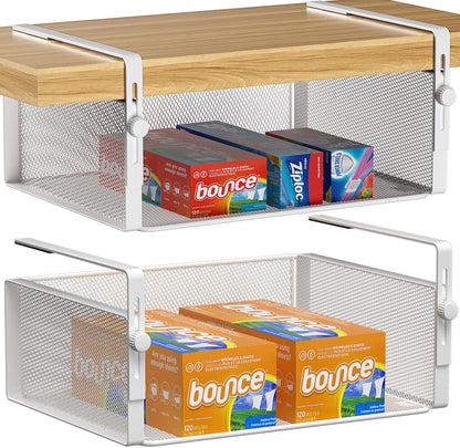 AmonHouseware 2Pack Under Shelf Basket OrganizerAdjustable Hanging Holder for Cabinet Pantry Kitchen Cupboard Desk Counter Bookshelf Organization Add-on Space Saver Heavy Duty Slide-in (White Large)